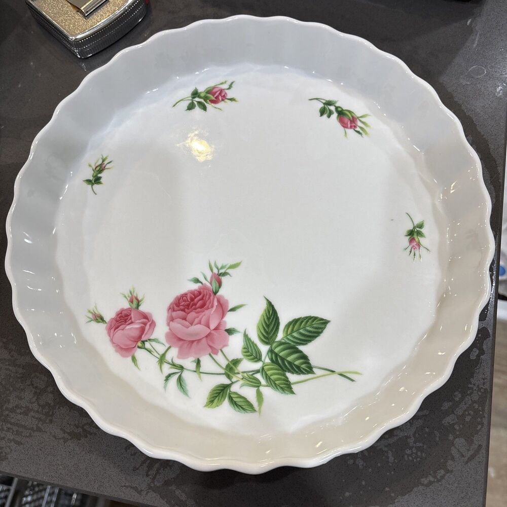 Vintage Christineholm Porcelain 9” Baking Dish Scalloped Pie Quiche Rose Pattern